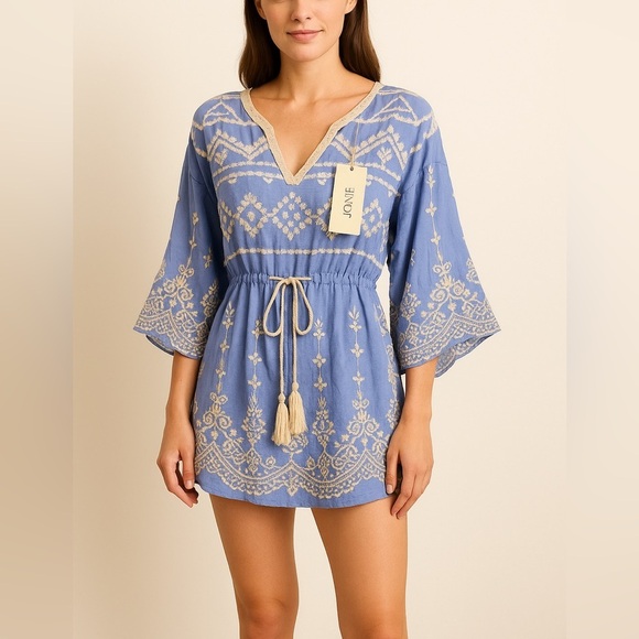 186- Solitaire Embroidered Boho Tunic Dress – Blue & Cream – NWT – Size L - Picture 1 of 8